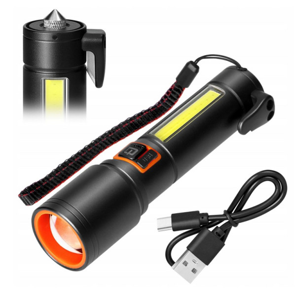 Latarka samochodowa LED, 270lm + 105lm, akum.1200mAh, przecinak do pasów, młotek bezpieczeństwa