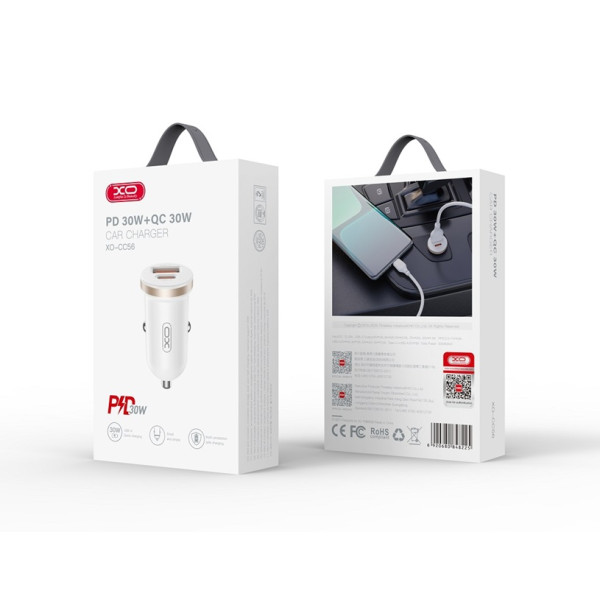 Ładowarka samochodowa 30W 1xUSB + 1xUSB-C biała - XO CC56