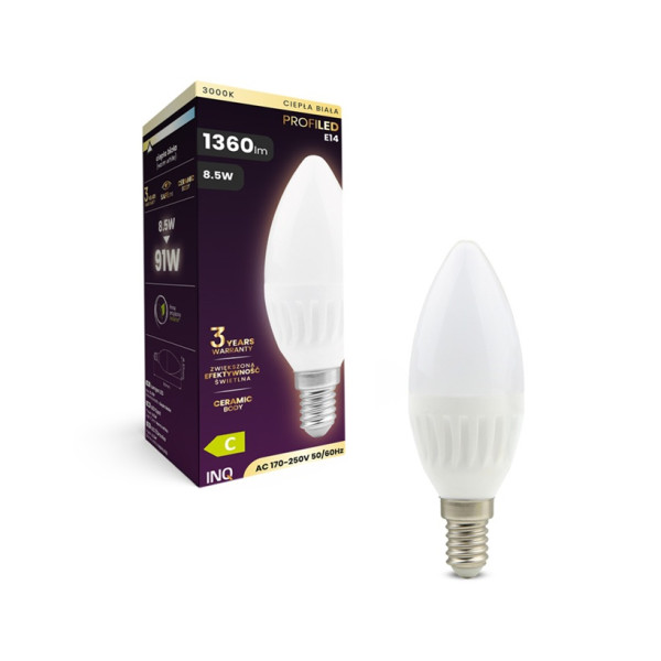 ELB110WW - LED B37 E14 świeca - 8,5W (91W) 1360lm 230V 3000K ceramika