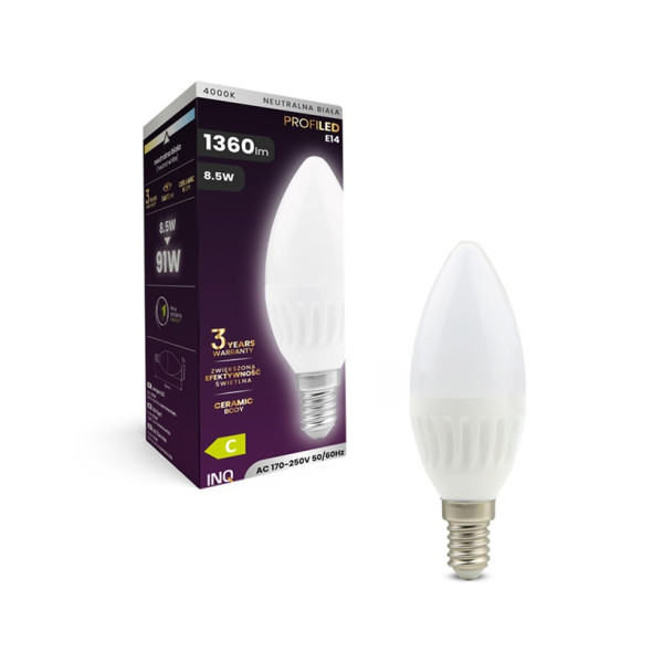 ELB110NW - LED B37 E14 świeca - 8,5W (91W) 1360lm 230V 4000K ceramika