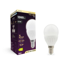 Żarówka LED E14 8,5W ( 91W) 1360lm 3000K, kulka, ceramiczna - INQ ELP110WW