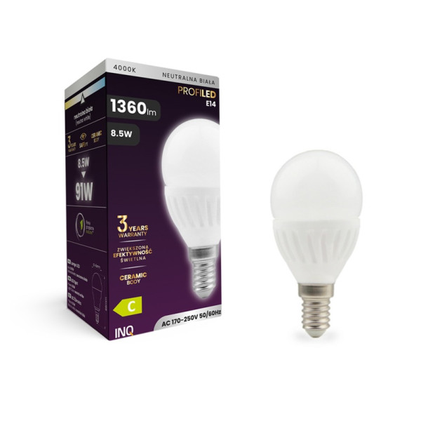 Żarówka LED E14 8,5W ( 91W) 1360lm 4000K, kulka, ceramiczna - INQ ELP110NW