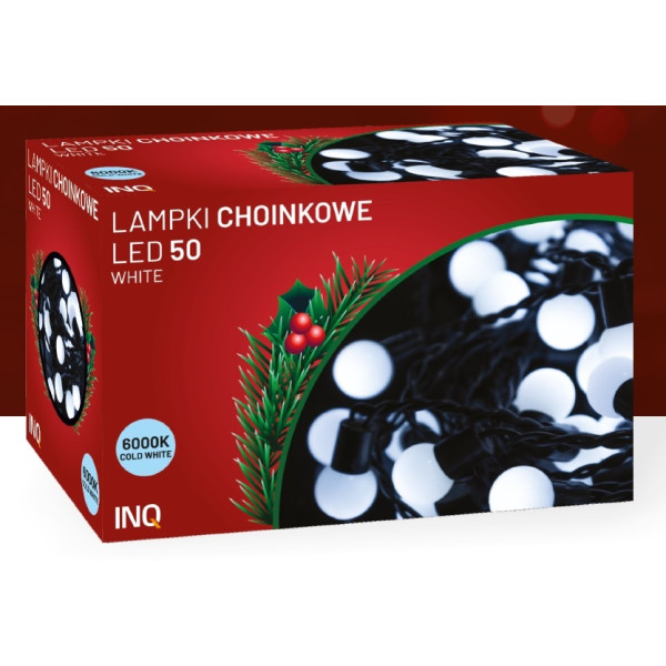 XMAS50-WHITE  Lampki choinkowe LED kulka 50 szt. białe, IP20, 3W, przewód 6,5m  