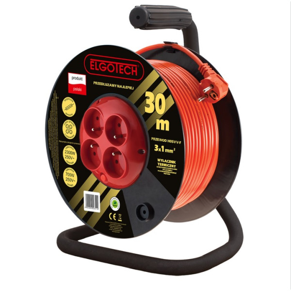 Przedłużacz bębnowy 30m 4-gniazda z/u 4x2P+Z 3x1mm2 - PZB-40-30Y/1 Elgotech