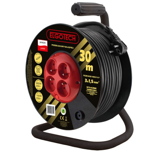 Przedłużacz bębnowy 30m guma 4-gniazda z/u 4x2P+Z 3x1,5mm2 - PZB-40-30G Elgotech