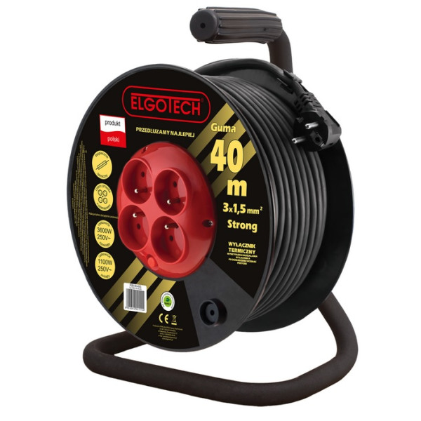 Przedłużacz bębnowy 40m guma 4-gniazda z/u 4x2P+Z 3x1,5mm2 - PZB-40-40G Elgotech