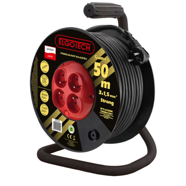 Przedłużacz bębnowy 50m guma 4-gniazda z/u 4x2P+Z 3x1,5mm2 - PZB-40-50G Elgotech