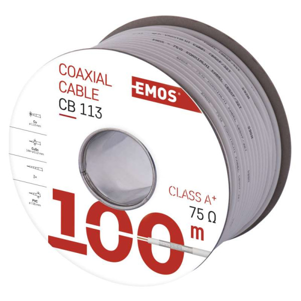 CB113 (100m) Kabel koncentryczny 75 Ohm / 1,13mm2 Cu /144x0,12mm CuSn/  śr. zew. 7,05mm / klasa A+ /  szpula 100m