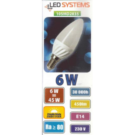 Żarówka LED E14 6W (zamiennik 39W) 450lm - świeczka 230V 3000K (ciepło-biała) - LEDSYSTEMS