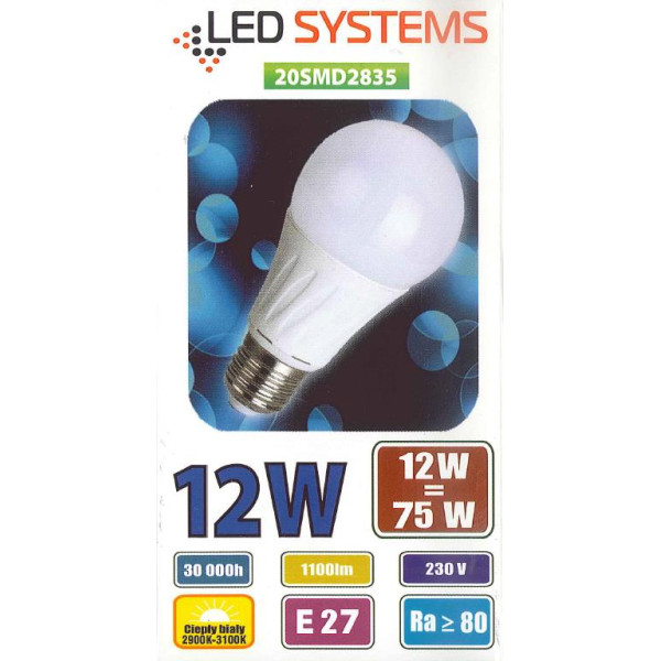 Żarówka LED E27 12W (zamiennik 75W) 1050lm - A60 230V 3000K (ciepło-biała) - D85-LS-E27-A60-12W Ledsystems