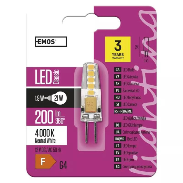 Żarówka LED G4 1,9W 200lm (zamiennik 21W) 12V 4100K (neutralna-biała) - ZQ8621 Emos
