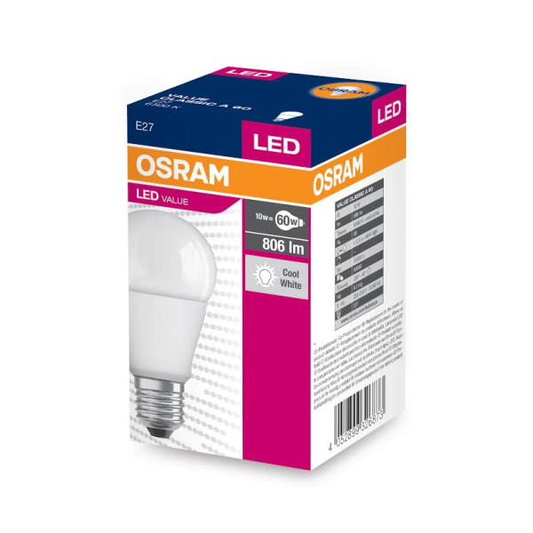 Żarówka LED E27 8,5W (zamiennik 60W) 806lm - A60 230V 6500K (zimno-biała) - LED VALUE CLA60 OSRAM
