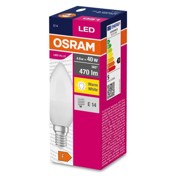 Żarówka LED E14 4,9W (zamiennik 40W) 470lm - świeczka 230V 2700K (ciepło-biała) - LED VALUE CL B 40 OSRAM