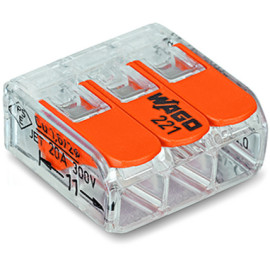 221-413 - Złączka uniwersalna COMPACT 3x0,2-4mm DR/LIN (przeźr./pomarańcz) WAGO