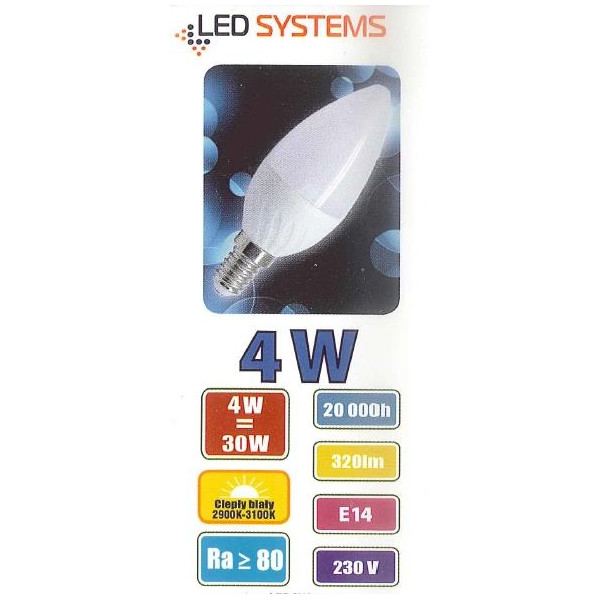Żarówka LED E14 4W (zamiennik 30W) 320lm - świeczka 230V 3000K (ciepło-biała) - LEDSYSTEMS
