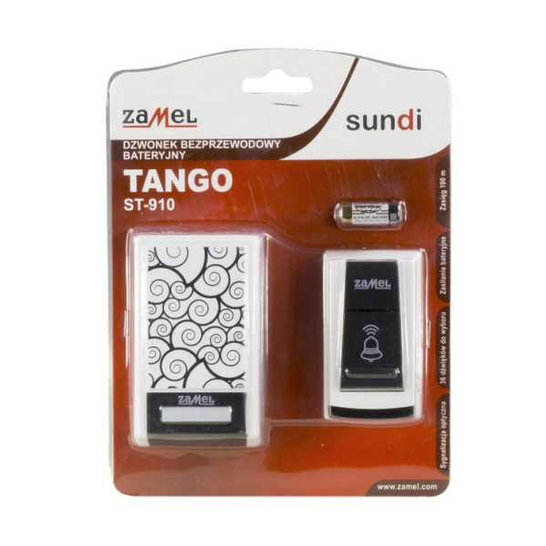 Dzwonek bezprzewodowy TANGO ST-910 - dzwonek-bateria / przycisk-bateria, 36 dzwięków, zasięg 100m