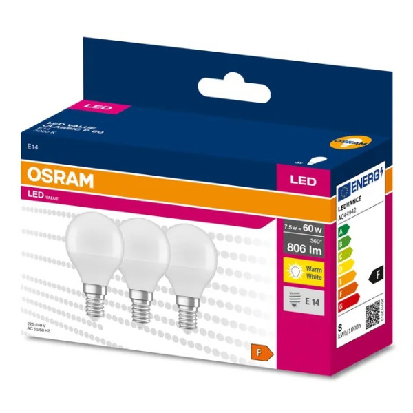 Żarówka LED E14 7W ( 60W) 806lm 230V 3000K (ciepło-biała) - LED VALUE OSRAM (cena za op. 3 szt.)