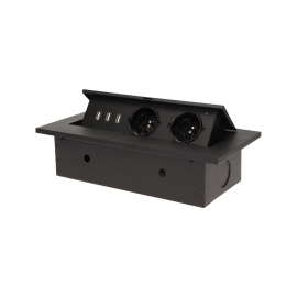 OR-AE-1324/B Gniazdo meblowe wpuszczane w blat z grubym rantem, 2x2P+Z, 3 porty USB, czarne