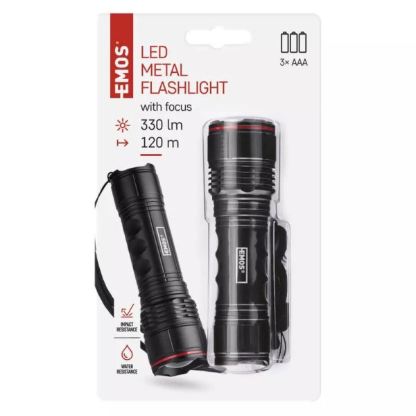 Latarka metalowa LED z zoomem 330lm 120m 3×AAA, P3114 Emos