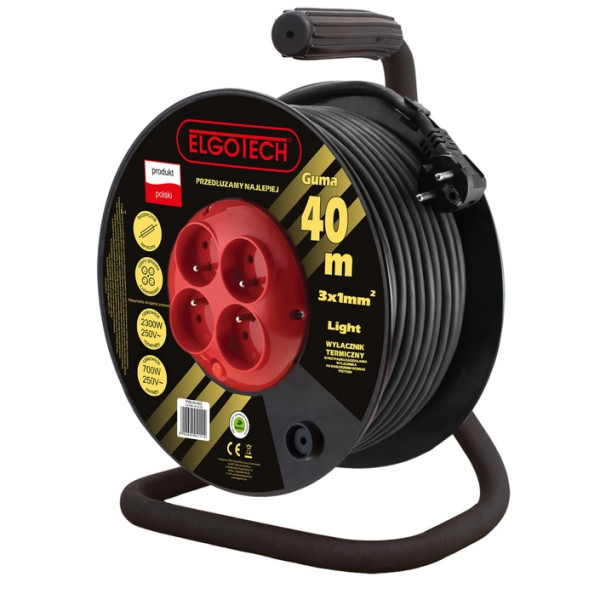 Przedłużacz bębnowy 40m guma 4-gniazda z/u 4x2P+Z 3x1mm2 - PZB-40-40G/1 Elgotech
