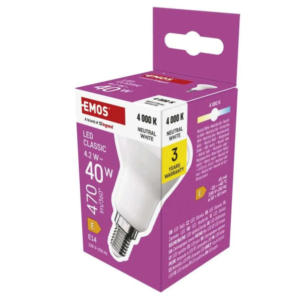 Żarówka LED E14 R50 - 4,2W (zamiennik 40W) 470lm - 230V 4000K (neutralno-biała) - ZQ7E23 Emos
