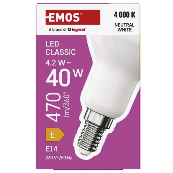 Żarówka LED E14 R50 - 4,2W (zamiennik 40W) 470lm - 230V 4000K (neutralno-biała) - ZQ7E23 Emos