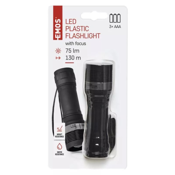 Latarka LED 3W, czarna, zasięg 125m, zoom, 3xAAA - P4702 Emos