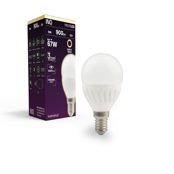 Żarówka LED E14 9W 900lm (odpowiednik 67W) - kulka 230V 3000K (ciepło-biała) ceramiczna - LP101WW PROFILED INQ