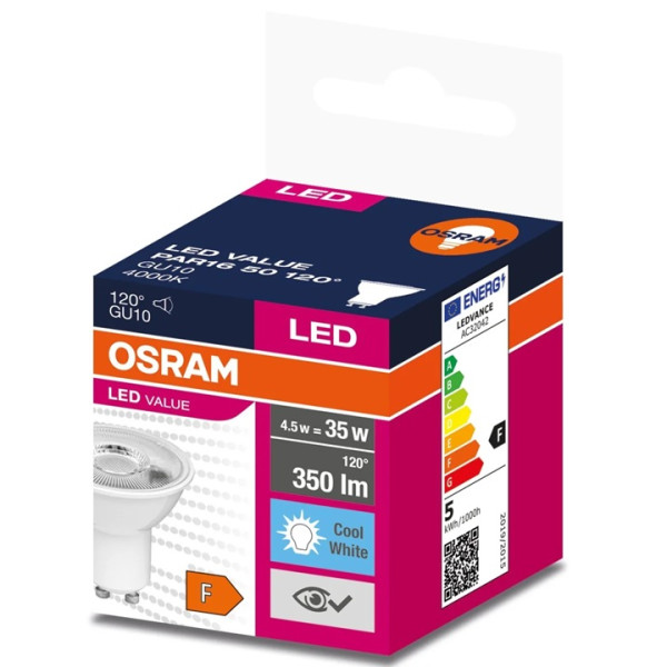 Żarówka LED GU10 4,5W 350lm - 230V 4000K (neutralna-biała) 120 stopni - LED VALUE PAR16 50 OSRAM