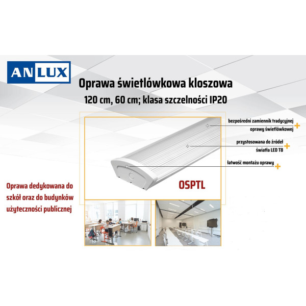 Oprawa z kloszem do 2 tub LED T8 120cm G13, zasilanie jednostronne - OSPTL
