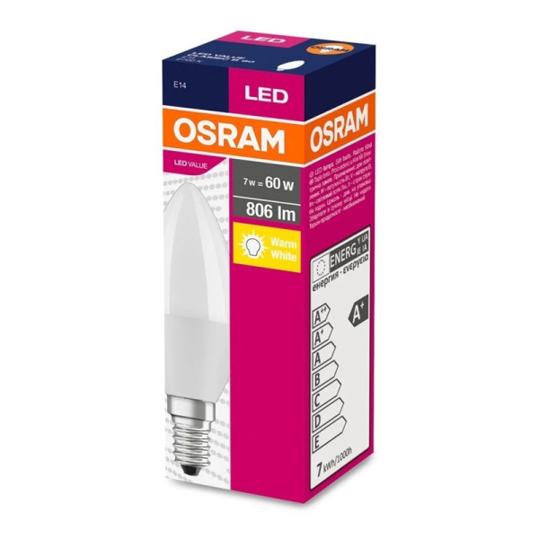 Żarówka LED E14 7W (zamiennik 60W) 806lm - świecowa 230V 2700K (ciepło-biała) - LED VALUE CL B 60 OSRAM