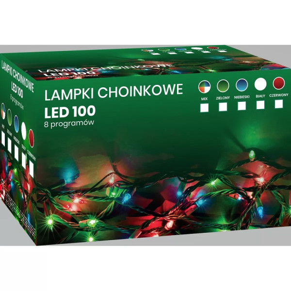 XMAS100-RED  Lampki choinkowe LED 100 czerwone, IP20, 4W, 8 programów, przewód 10m  