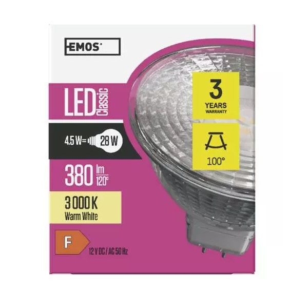 Żarówka LED MR16 12V GU5,3 4,5W ( 28W) 380lm 3000K ciepło-biała - ZQ8433 Emos