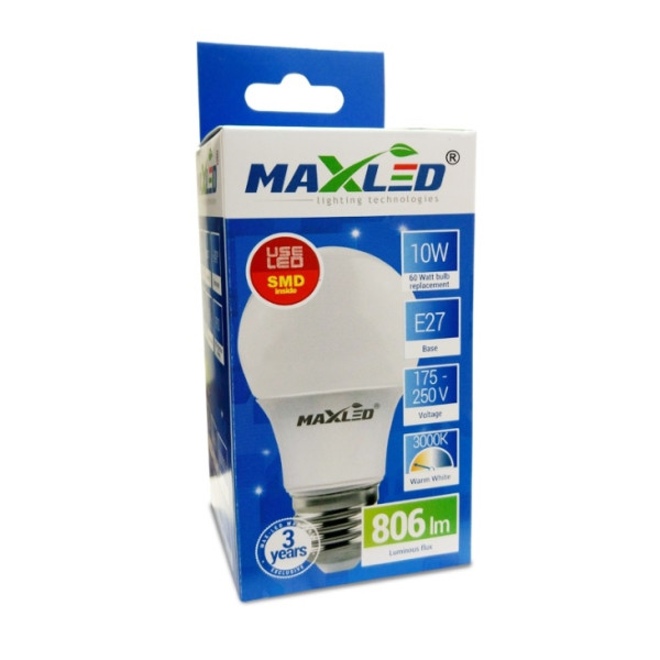 Żarówka LED E27 10W (zamiennik 60W) 806lm - A60 230V 3000K (ciepło-biała) - Maxled