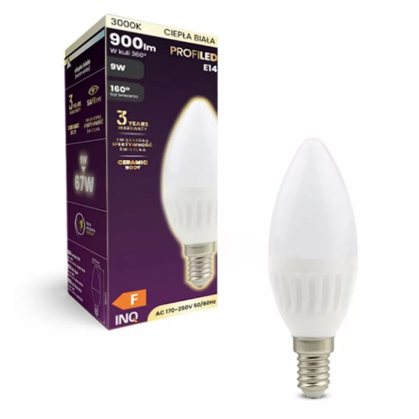 Żarówka LED E14 9W (zamiennik 67W) 900lm - świeczka 230V 3000K (ciepło-biała) - ELB101WW PROFILED INQ