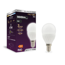 Żarówka LED E14 9W 900lm (odpowiednik 67W) - kulka 230V 4000K (neutralna-biała) ceramiczna - ELP101NW INQ