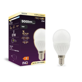 Żarówka LED E14 9W 900lm (odpowiednik 67W) - kulka 230V 3000K (ciepło-biała) ceramiczna - ELP101WW INQ