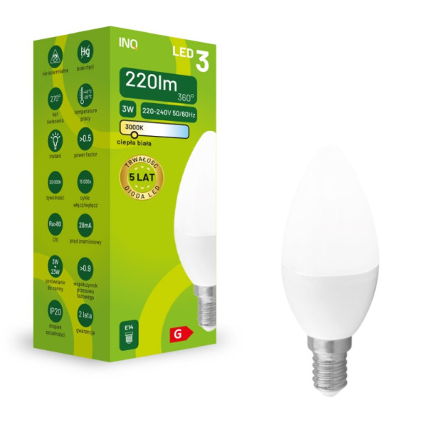 Żarówka LED C37 E14 3W ŚWIECA 220LM 3000K INQ ELB014WW