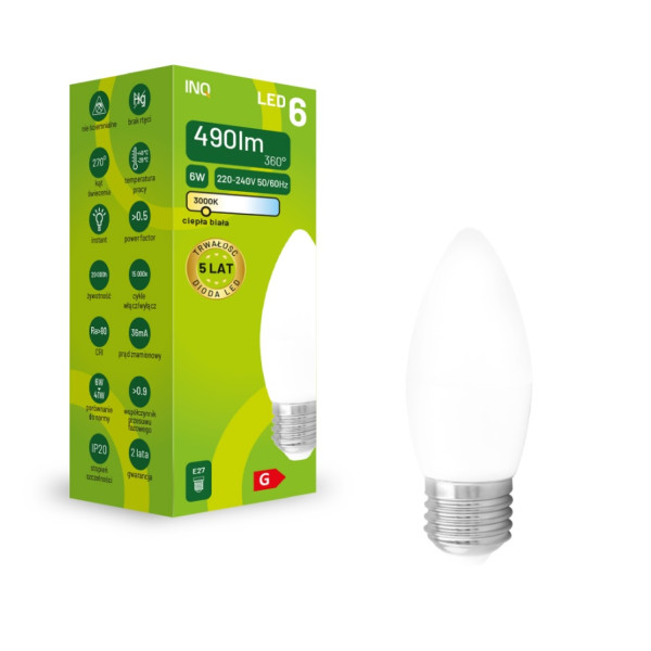 Żarówka LED C37 E27 6W ŚWIECA 490LM 3000K INQ ELB064WW