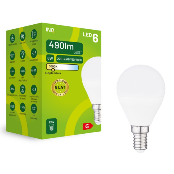 Żarówka LED G45 E14 6W KULKA 490LM 3000K INQ ELP034WW