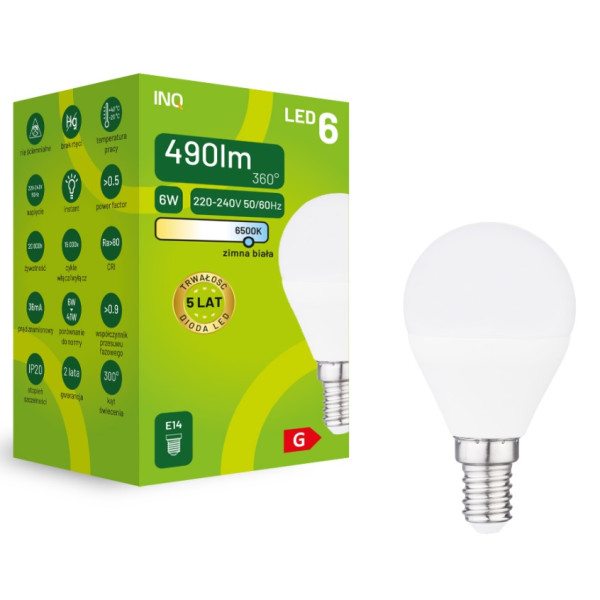 Żarówka LED G45 E14 6W KULKA 490LM 6000K INQ ELP034CW