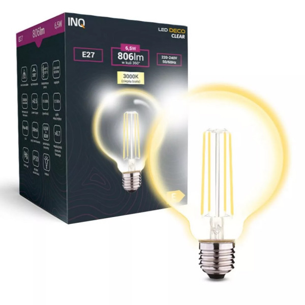 Żarówka LED E27 6,5W (zamiennik 60W) 806lm - G95 230V 3000K (ciepło-biała) - EDG020WW INQ