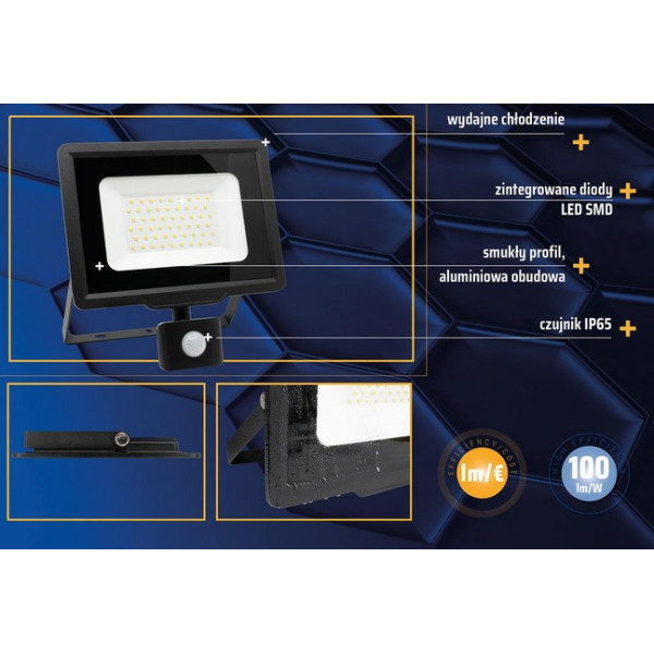 Naświetlacz LED z czujnikiem ruchu - 50W 4250lm 6400K IP65 - LED2-NL-XENO3-S-50W-CW Anlux