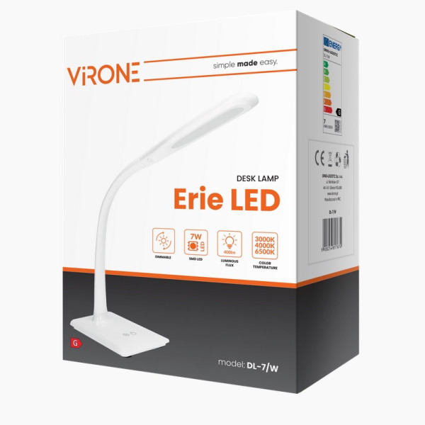 ERIE LED DIM 7W, lampka biurkowa, 400lm, biała, funkcja ściemniania i zmiany temperatury barwowej
