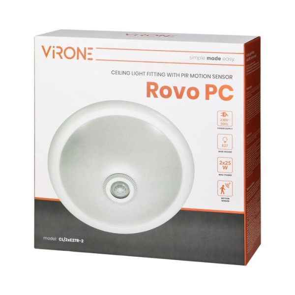 ROVO PC, plafon z czujnikiem ruchu 360st, 2xE27, IP20, CL/2XE27R-2