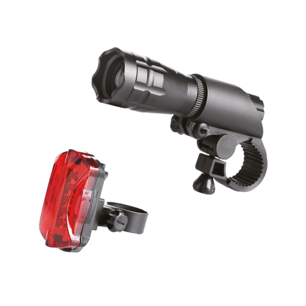Bike SET 050 (NC0050) 3W+2W, 120lm, 3xAAA+2xAAA, stroboskop, 3 tryby świecenia, zoom, zasięg 30m Latarka led rowerowa Nilsen Ca