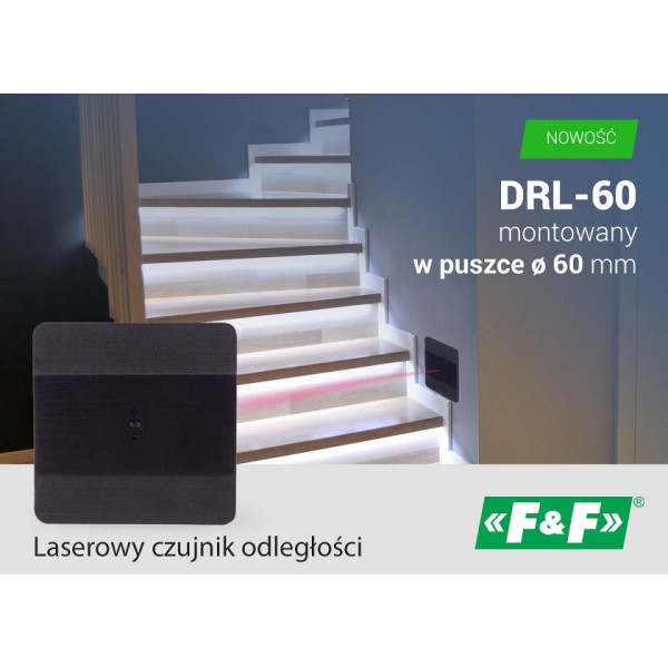 DRL-60-12-9 Laserowy czujnik odległości Czarny, do puszki fi60 czujnik ruchu do sterownia oświetleniem na schodach i korytarzach