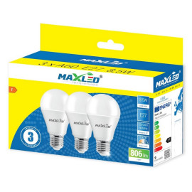 Żarówka LED E27 8,5W (zamiennik 60W) 806lm - A60 230V 3000K (ciepło-biała) - (cena za 3 szt.) Maxled