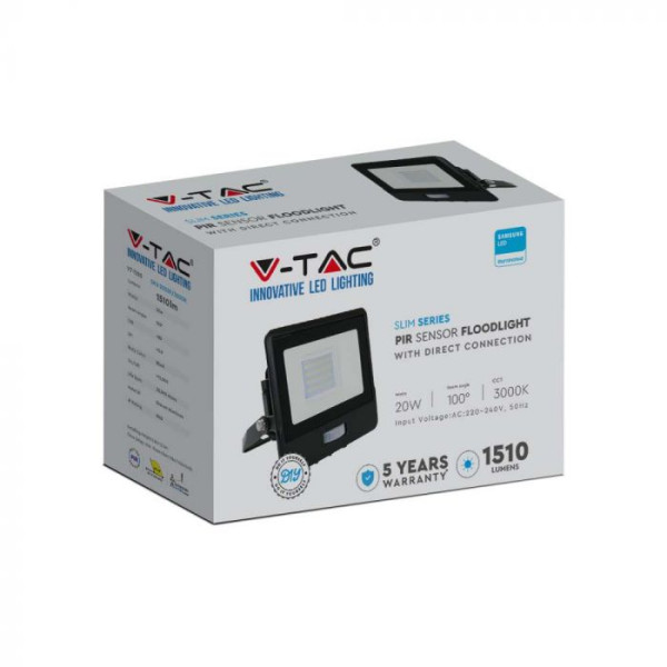 VT-128S (20260) Naświetlacz LED SMD 20W 1510lm 4000K z czujnikiem ruchu i mufą kablową / Chip SAMSUNG / Obudowa: Czarna,