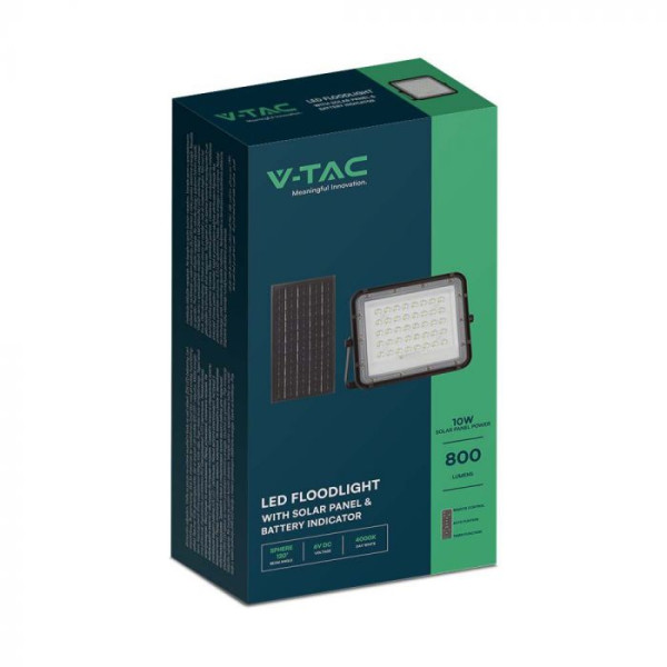 VT-80W  (7824) naświetlacz solarny LED 10W 800lm 4000K z czujnikiem zmierzchu, panel z przewodem 3m pilot bateria 6000mAh, obud